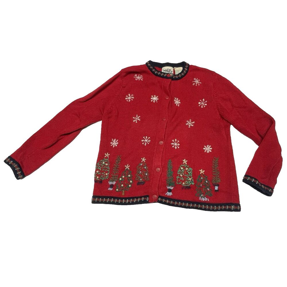 Northern Reflections Cardigan Sweater Red Christmas Trees Snowflake Women's Sz M